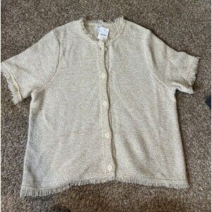 J Crew Cardigan Womens XL Beige Short Sleeve Fringe Trim Sweater Preppy